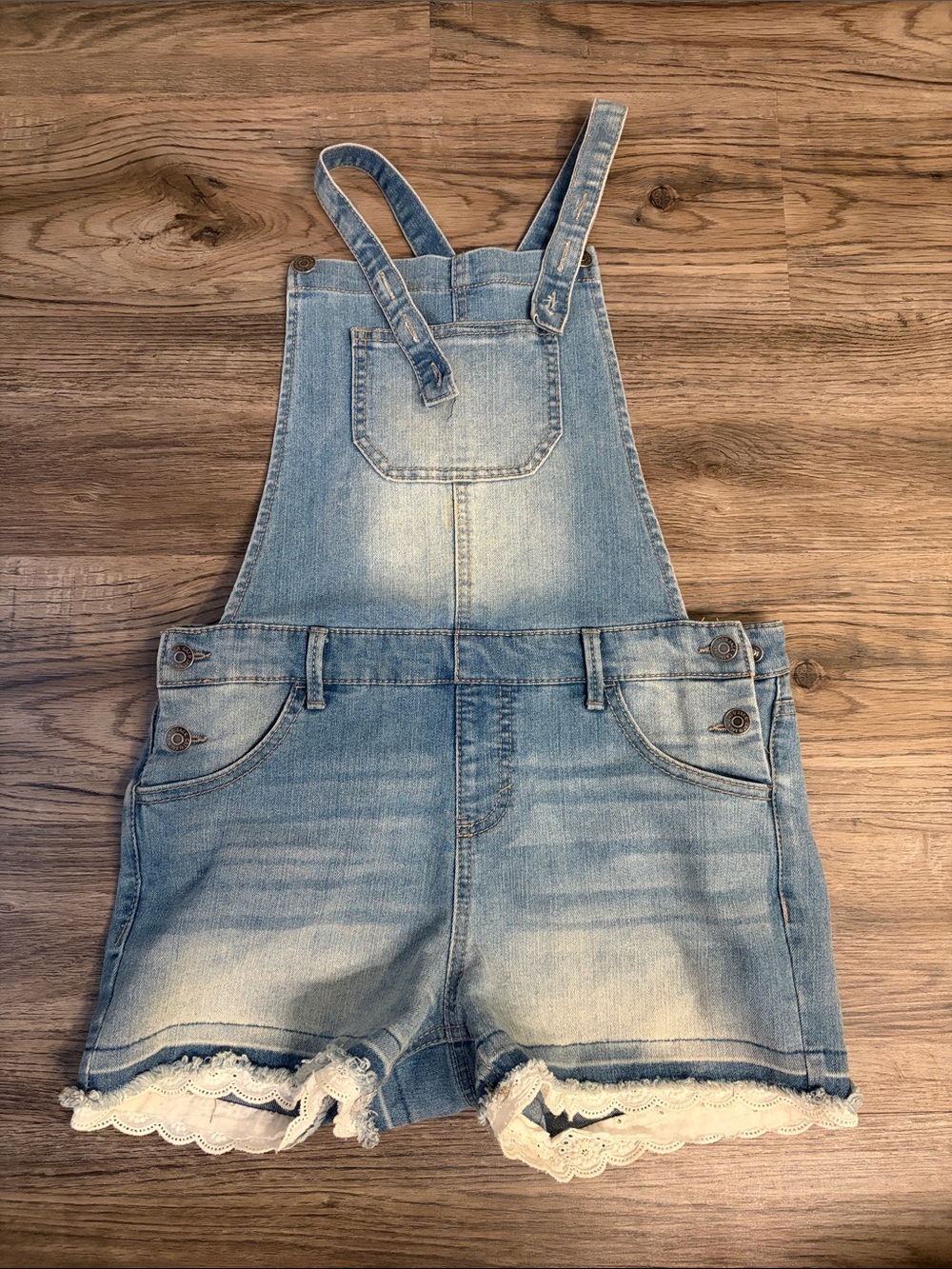 Cat & Jack Light Blue Denim Short Overalls with Lace Hem
